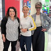 Lisa Henderson and Susannah Gergich visit with Adrienne Arsenault (MA'92, Journalism) at the CBC building in Toronto.